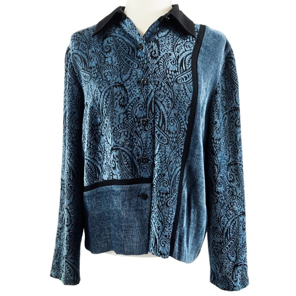 Vintage Coldwater Creek Blue Black Paisley Chenille Textured Button-Up Jacket